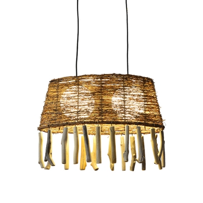 Hand-Twist Oval Rattan Drop Pendant Rustic 2 Heads Wood Ceiling Hang Light with/without Rod Fringe