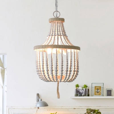 Hand-Worked 2-Light Beaded Basket Hanging Lamp French Country White/Beige Wood Pendant Chandelier