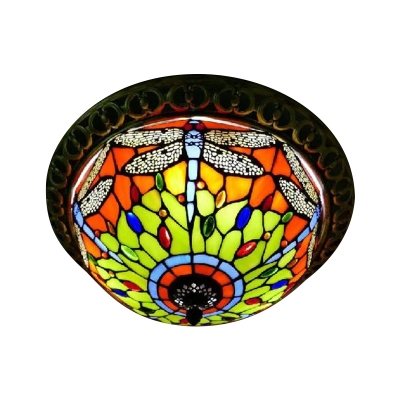Hemisphere Handcrafted Glass Flush Mount Tiffany 1 Head Green/Yellow Ceiling Flushmount Lamp