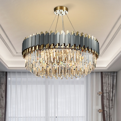 Minimalist Drum Shaped Drop Pendant Prismatic Crystal 6/8/12 Bulbs Living Room Chandelier in Gold and Black