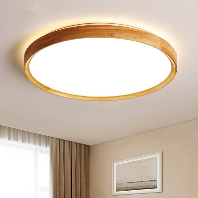 Nordic Circle Flush Ceiling Light Wooden Bedroom LED Flushmount Lighting in Warm/White/3 Color Light, 12