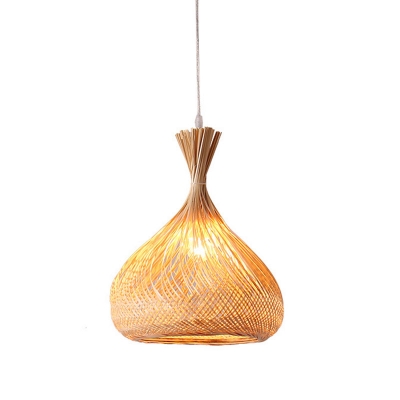 Onion/Vase/Melon Shaped Hanging Lamp Asian Style Bamboo Single Wood Down Lighting Pendant over Table