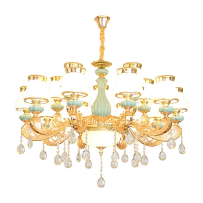 Opaline Glass Gold Pendant Light Pear Shaped 6/12/18-Light Traditional Chandelier with Crystal Drop