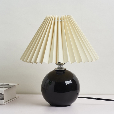 Pleated Fabric Cone Table Light Modern Single Black/White/Beige Nightstand Lamp with Globe Ceramic Base