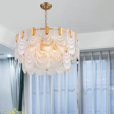 Postmodern 1/2-Tier Scalloped Chandelier Clear Textured Glass Small/Medium/Large Pendant Light in Brass