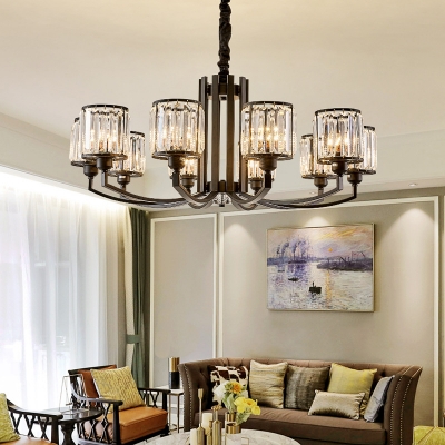 Prismatic Crystal Cylinder Hanging Lamp Retro 3/8/10 Bulbs Living Room Chandelier in Black