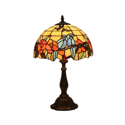 Red 1-Bulb Nightstand Lamp Tiffany Stained Glass Dome Table Light with Bird and Flower Pattern