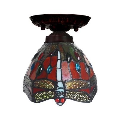 Red Dragonfly Mini Ceiling Lamp Tiffany 1 Head Stained Glass Semi Flush Light with Cabochons Gemstone