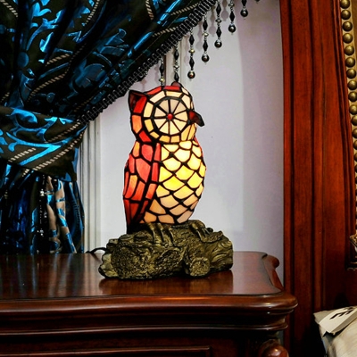 Red Owl Night Stand Lamp Tiffany 1-Light Handcrafted Stained Glass Table Light for Bedroom