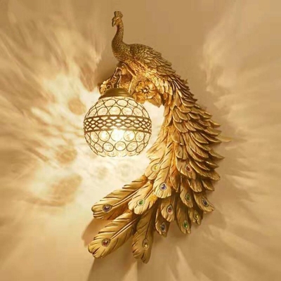 Resin White/Green/Gold Wall Sconce Peacock Single Rustic Wall Mount Lamp with Dome Crystal Shade