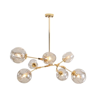 Rotating 7-Head Restaurant Pendant Light Postmodern Gold Chandelier with Molecule Clear Glass Shade