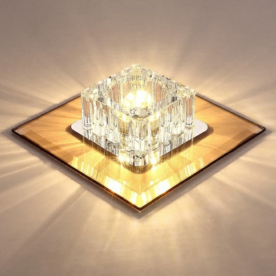 Simple LED Flush Mounted Light Black/Yellow Square Ceiling Lamp with Prismatic Crystal Shade, Warm/White Light/Third Gear