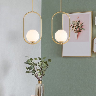 Small/Large Ball Hanging Pendant Postmodern Cream Glass 1-Light Gold Ceiling Light with Oval Stand