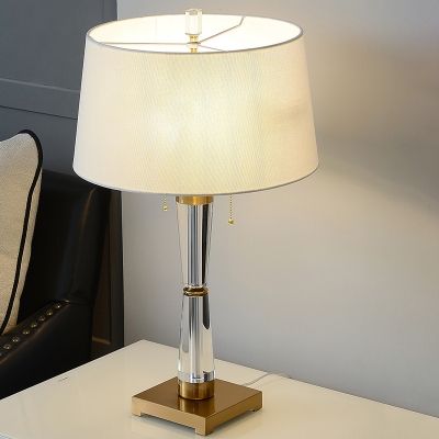 Small/Large Tapered Drum Table Lamp Simplicity Fabric White/Flaxen/Coffee Nightstand Light with Pulling Chain