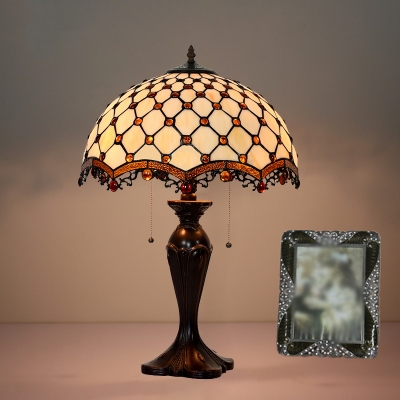White Beaded Net Table Lamp Mediterranean 2-Bulb Cut Glass Nightstand Light with Filigree and Pull Chain