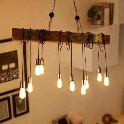 Wood Brown Island Light Fixture Linear 10 Heads Rustic Pendant Lighting with Open Bulb Design