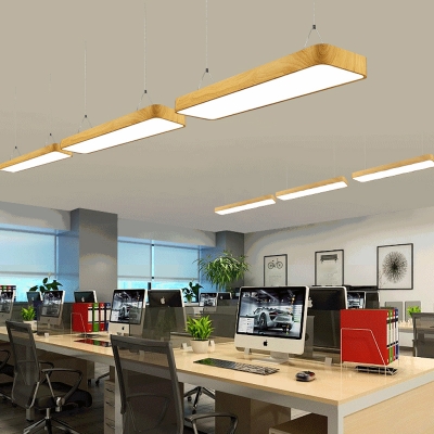 Wood Rectangle Suspension Pendant Nordic Aluminum Small/Medium/Large LED Hanging Light Kit for Office