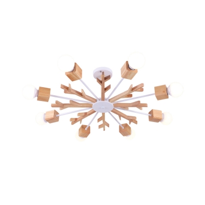 Wooden Snowflake Flush Ceiling Light Nordic 3/6/8 Bulbs White Semi Flush Mount with Open Bulb Design