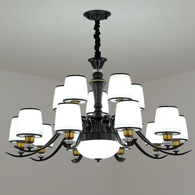 1/2-Tiered Tapered Chandelier Contemporary Milk Glass 6/8/10-Head Dining Room Drop Lamp in Black