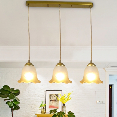 1/3-Bulb Pendant Light Fixture Rustic Carillon/Bell/Flower Frosted Glass Ceiling Light with Round Canopy in Gold