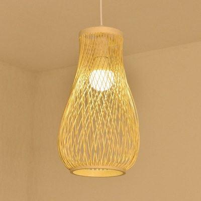 1-Light Restaurant Ceiling Pendant Asian Wood Suspension Lamp with Gourd/Pear/Drum Bamboo Shade