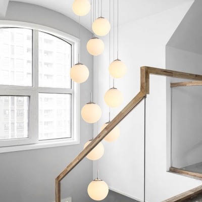 10 Bulbs Living Room Drop Pendant Modern Silver Multi Hanging Light with Globe Opal Glass Shade