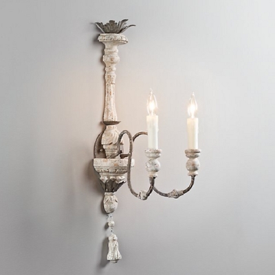 2-Light Candle Wall Lighting Country Distressed White Wood Wall Mounted Lamp for Living Room