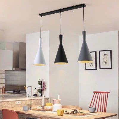 3-Head Dining Room Ceiling Suspension Lamp Macaron Black Multi-Light Pendant with Funnel Metal Shade, Round/Linear Canopy