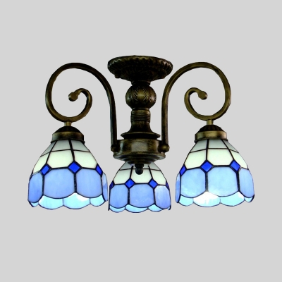 3-Head Scalloped/Bell Semi Flush Ceiling Light Tiffany Blue Cut Glass Flush Chandelier with Scroll Arm