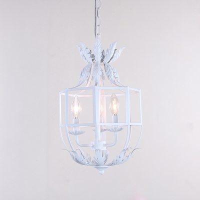 3-Head Wrought Iron Pendant Chandelier Farmhouse White/Grey Cage Bedroom Ceiling Suspension Lamp