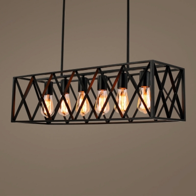 4/6 Lights Island Pendant Industrial Rectangular X-Cage Iron Hanging Lamp in Black for Bistro