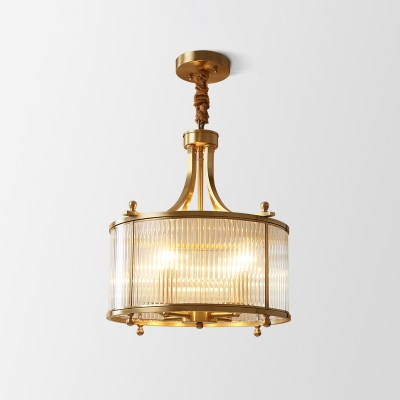4-Light Hanging Lamp Vintage Drum Clear Fluted Glass Chandelier Pendant in Antiqued Gold