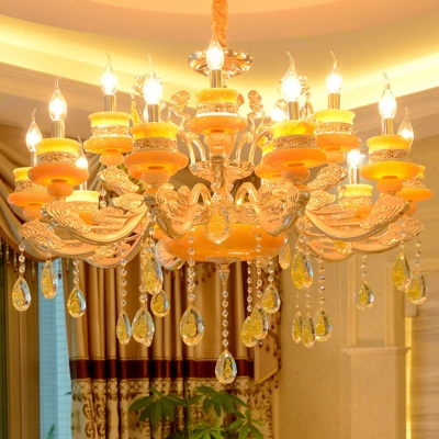 6/8/12-Head Jade Hanging Chandelier Traditional Gold Candle Restaurant Ceiling Pendant with Crystal Droplet