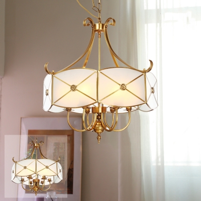 6 Bulbs Faceted Scalloped Pendant Light Antique Gold Opal-White Glass Chandelier Lighting over Table