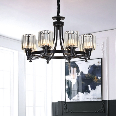 8/10-Bulb Prismatic Crystal Chandelier Modern Black/Gold Cylindrical Living Room Hanging Lamp