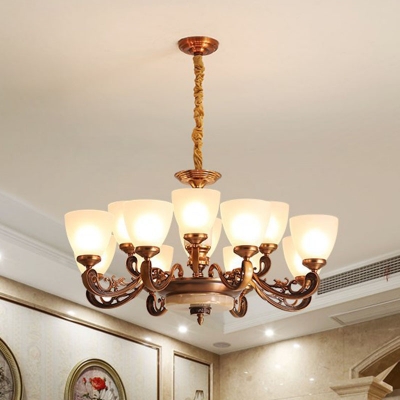 8/15/35-Light Bell Ceiling Suspension Lamp Traditional Antiqued Brass White Glass Chandelier