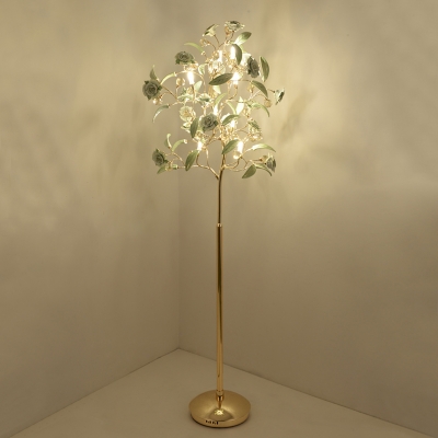 9 Bulbs Blossom Tree Floor Light Pastoral Red/Green Ceramic Standing Floor Lamp with Crystal Ball