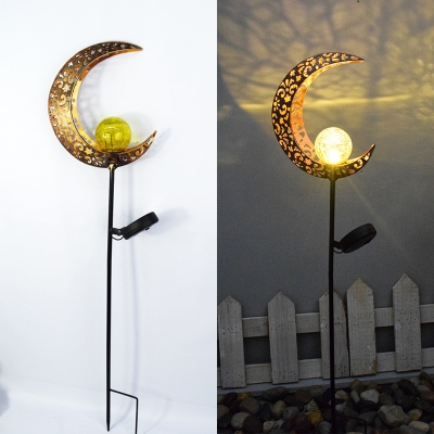 Amber Crackle Glass Ball Path Light Vintage Blue/Gold Solar LED Stake Lamp with Sun/Flame/Moon Shaped Guard