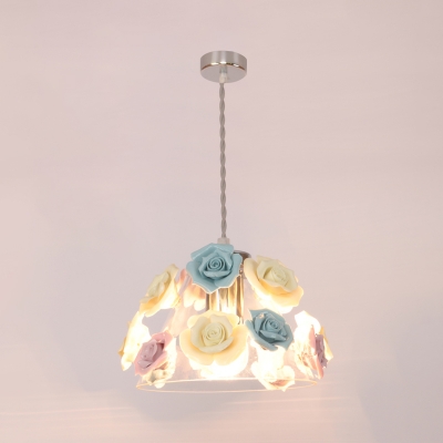 American Flower Conical Drop Pendant 1/3-Head Clear Blown Glass Hanging Light in Pink and Blue