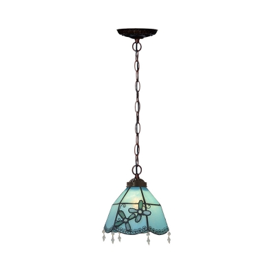 Bell Ceiling Pendant Light Single-Bulb Blue Glass Mediterranean Hanging Lamp with Beaded Trim