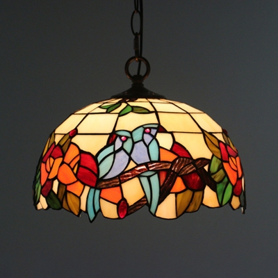Black 1-Light Hanging Pendant Tiffany Stained Glass Half-Globe Ceiling Lamp with Rose/Flower/Bird Pattern