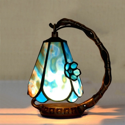 Blue Glass Flower Table Light Tiffany Style 1 Head Dark Coffee Night Lamp for Bedroom