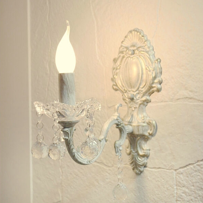 Candle Hallway Wall Sconce Light Rustic Crystal 1/2-Head White/Distressed White Wall Mounted Lighting Fixture