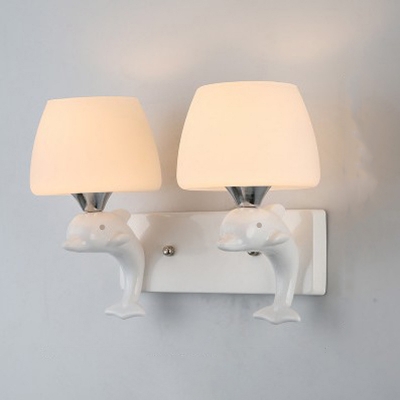 Ceramic Dolphin Wall Lamp Nordic 2 Heads White Sconce Lighting with Tapered White Glass Shade