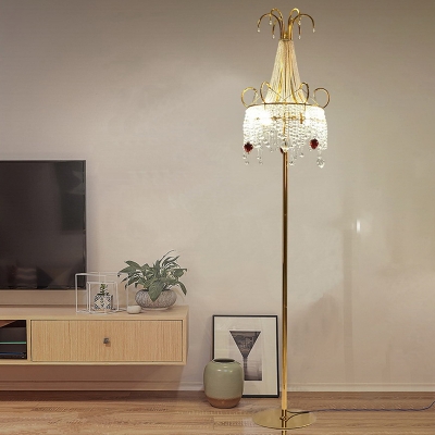 Clear Crystal Tassel Floor Light Postmodern Luxe 2-Light Gold Standing Lamp with Scroll Decor