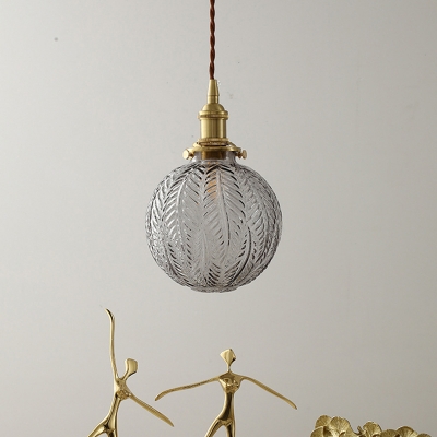 Clear Textured Glass Ball Ceiling Light Minimalist 1-Light Down Lighting Pendant in Brass