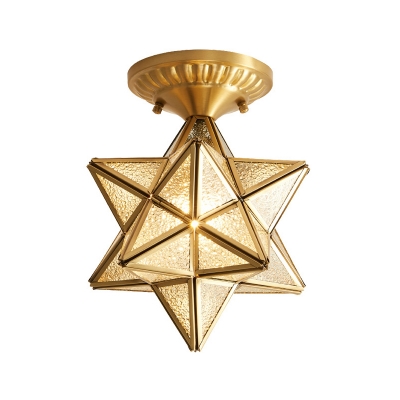 Colonial Style Star Shaped Ceiling Lamp 1 Bulb Rippled Glass Indoor Light Fixture in Gold, Flushmount/Hanging Cord