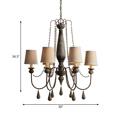 Cone Shade Fabric Chandelier French Country 6-Head Dining Room Drop Lamp with Swooping Arm in Distressed Wood