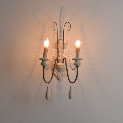 Country Candlestick Wall Sconce 2 Bulbs Wooden Wall Light Fixture in Distressed White