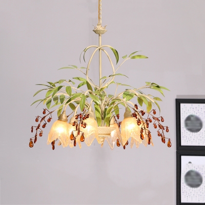 Countryside Flower Drop Lamp 6/8 Bulbs Frosted White Glass Chandelier in Green with Tan Crystal Decoration